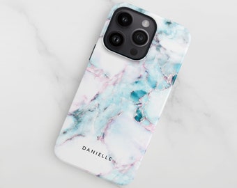 Personalised Marble iPhone 15 Case, 14 Pro, 13 Mini, White Blue and Pink Hard Gloss or Matte Finish Phone Case, Samsung S24, S23