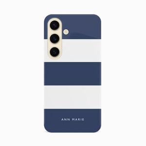 a phone case with a blue and white striped design