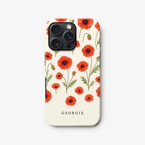 Poppy Floral Print Case, Personalised iPhone 16, 15, 14, 13 Pro Max Cover, Custom Red Flower S25, S24, Pixel 9 Case