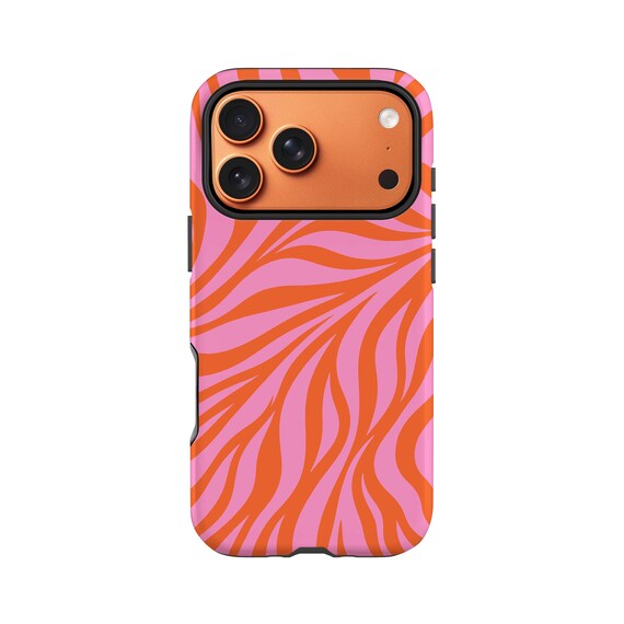 オレンジピンクのゼブラ柄ケース：iPhone 17、16、15、Samsung S25