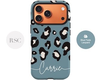 Custodia per telefono personalizzata con stampa leopardata, iPhone 15 Pro, 14 Plus, 13, 12 Mini, S24, S23, S22, rigida opaca o lucida, blu