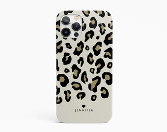 Leopard print iPhone 14 case, 13 Pro 12 Mini 11 hard cover, Samsung S22 S21 Ultra S20 FE custom name case