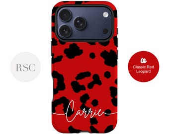 Red Leopard Print iPhone 16 Case, 15, 14, 13 Pro Max, Samsung S24 Ultra, S23, S22 Personalised Name Phone Cover