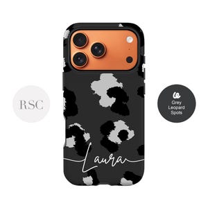 Grey Leopard Print Phone Case, iPhone 15, 14, 13, Samsung S24, S23, S22 Hard Matte or Gloss Premium Slim Cover