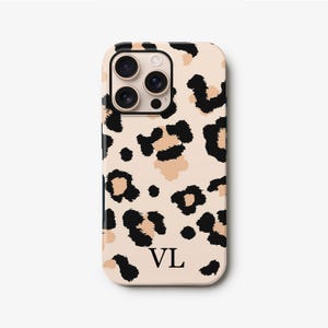 Beige Leopard Print iPhone 16 Case, Personalised Initials 15 Pro, 14 Plus, 13, 12, 11, S24 Plus, S23, S22 Animal Spot Cover