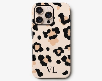 Beige Leopard Print iPhone 16 Case, Personalised Initials 15 Pro, 14 Plus, 13, 12, 11, S24 Plus, S23, S22 Animal Spot Cover