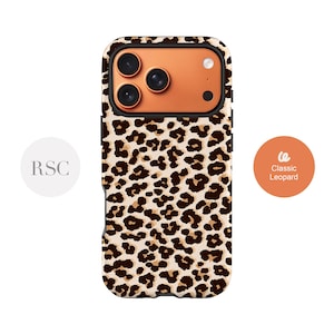 May include: A smartphone case with a classic leopard print design. The case has a tan background with brown spots. The camera area is a copper colour. The case has the text "Classic Leopard" on an orange circle.