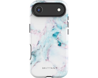 Personalised Marble iPhone 16 Case, 15, 14 Pro, 13 Mini, White Blue and Pink Hard Gloss or Matte Finish Phone Case, Samsung S24, S23