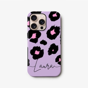 Purple Pink Leopard Print iPhone 16 Case, Personalised 15, 14 Pro Max, 13 Mini, 12, S24 Plus, S23, S22 Ultra Custom Phone Cover