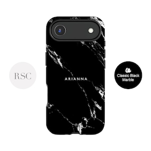 Black Marble iPhone 16 Case, Custom 15 Pro, 13, 14 plus Hard Tough or Slim Phone Cover, S24 Ultra, S23, S22 Glossy Premium Case
