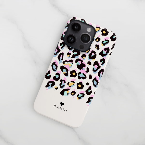 Rainbow leopard print phone case iPhone 14 15 13 12 11 Se Samsung S22 S21 S20 Fe stylish glossy hard snap on custom name premium slim cover