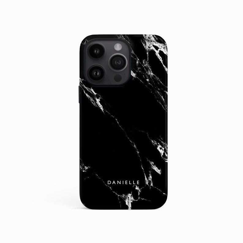 Custom Black iPhone 14 case, 15 Pro, 13 Mini, Monotone Marble Hard Plastic Cover for Samsung S22, S21, S24 image 1