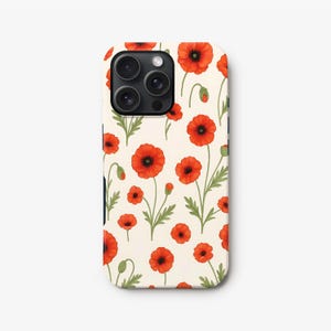 Red Floral Phone Case, Poppy iPhone 16 Pro Max, 15, 14, 13, 12 Cover, Flower Art S25, S24, S23 Tough Case