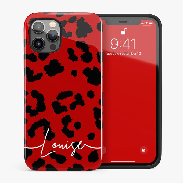 Red leopard print phone case iPhone 15 Pro, 13 14, 12, 11, Samsung S23 cover, S22 S21 Plus S20 Fe Ultra Personalised hard case