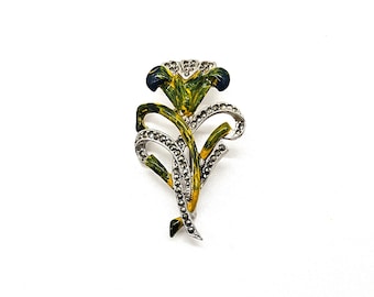 Vintage Hollywood Signed Brooch, Marcasite and Painted Flowers, Vintage Lapel Pin