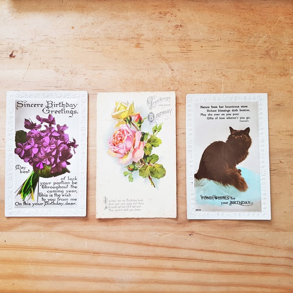 3 cartes postales d'anniversaire vintage, vraie photographie de chat, bouquet de fleurs, carte postale ancienne de roses, carte de joyeux anniversaire, c1930, occasion