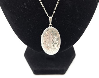 Engraved Silver Locket on Chain, Vintage Hallmarked Oval Locket, Etched Floral Pattern Photo Pendant, Long Pendent Necklace