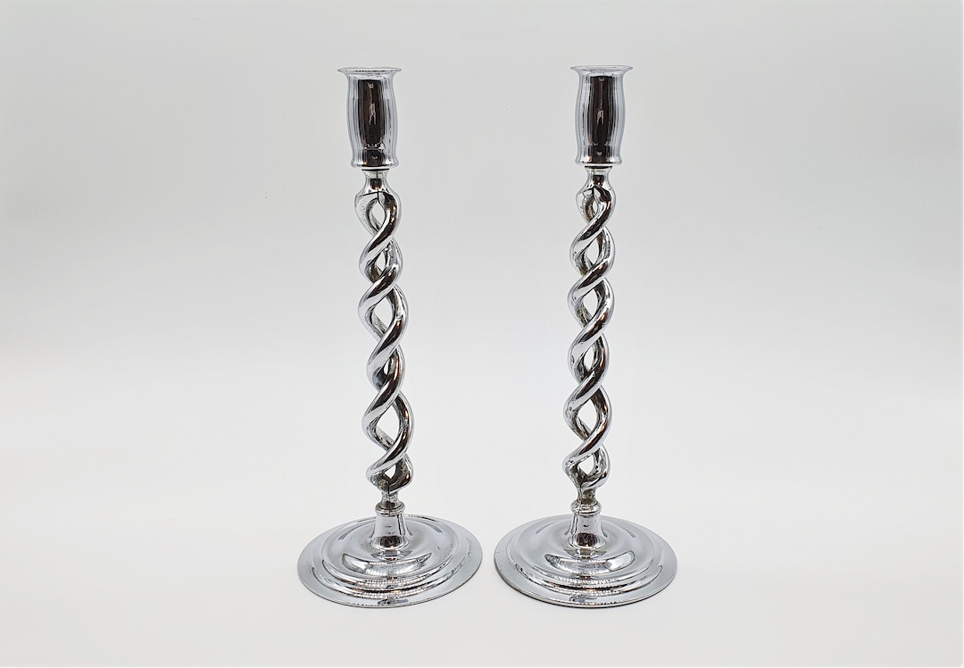 2 Chrome Open Barley Twist Candlestick Holders, Pair of Vintage Metal