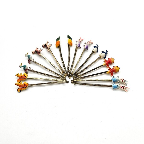 Vintage Paulette Plastic Tipped Hair Grips, 16 Kitsch Animal Themed Hair Pins, Colourful Bobby Pins Hairgrips, Fun Novelty Hair Accessories