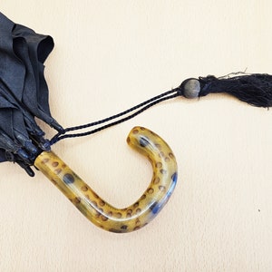 Vintage 'British Make' Black Canopy Umbrella, Amber and Black Spotted Lucite Crook Handle, Most Likely a Paragon Fox Frames image 2