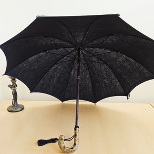 Vintage 'British Make' Black Canopy Umbrella, Amber and Black Spotted Lucite Crook Handle, Most Likely a Paragon Fox Frames image 6