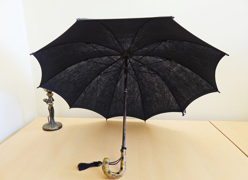 Vintage 'British Make' Black Canopy Umbrella, Amber and Black Spotted Lucite Crook Handle, Most Likely a Paragon Fox Frames image 6