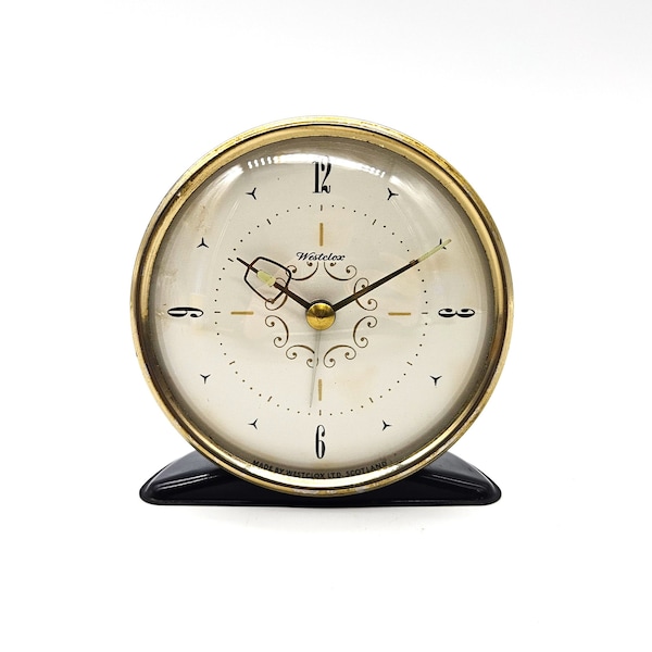 Vintage Westclox Alarm Clock, 1950s White and Gold Bedside Clock, Unusual Mid Century Wind Up Ivory Enamel Clock, Tepremental