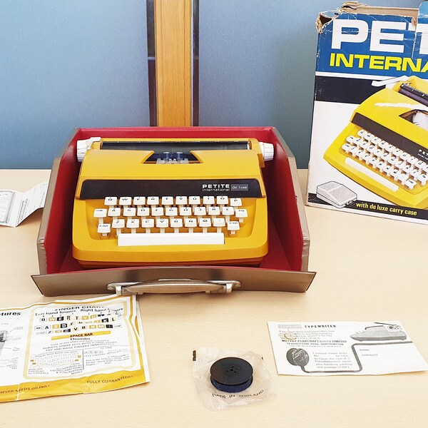 Vintage Petite International Toy Typewriter, Portable Yellow Working Type Writer in Case and Box, 1960s Childs Typewriter, Playcraft
