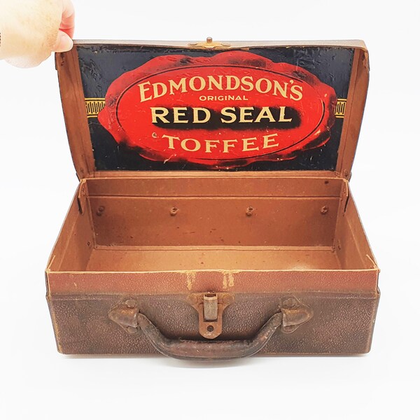 Edmondson's Red Seal Toffee Suitcase, Vintage Advertising Brown Cardboard Faux Leather Case, Made in England 1940s Mid Century Confectionary