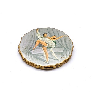 Sällsynt vintage Stratton Princess Ballerina Compact, Baron Ballet Dancers Puder Compact, Guld med emalj, 1950-tal LÄS BESKRIVNING.