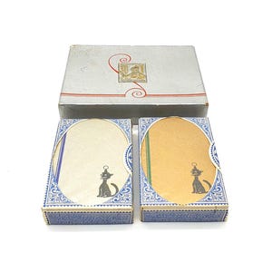 Baralho de cartas vintage Waddington's Double Deck, conjunto completo de baralhos de cartas lacrados e sem uso, dourados e prateados com reverso de gato, Waddington