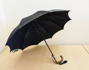 Vintage 'British Make' Black Canopy Umbrella, Amber and Black Spotted Lucite Crook Handle, Most Likely a Paragon Fox Frames