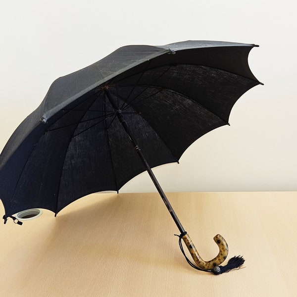 Vintage 'British Make' Black Canopy Umbrella, Amber and Black Spotted Lucite Crook Handle, Most Likely a Paragon Fox Frames