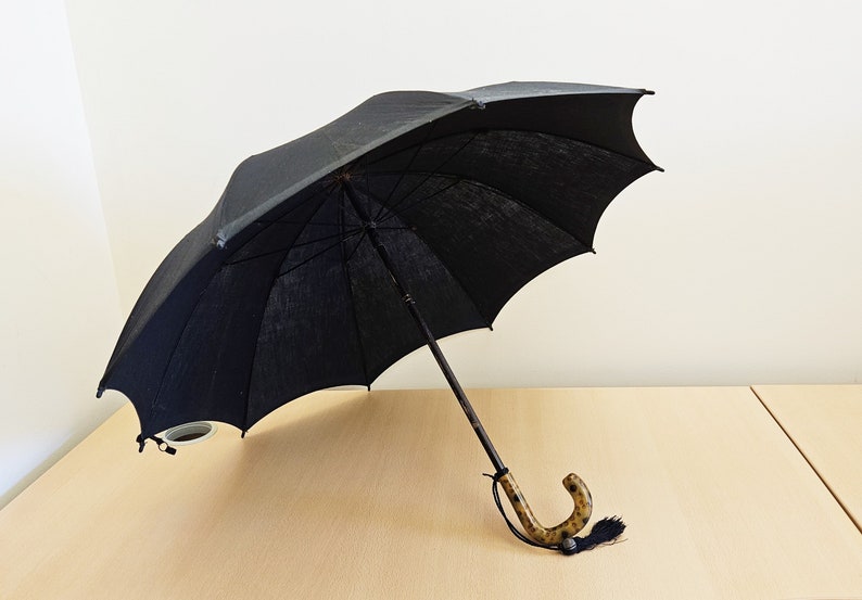 Vintage 'British Make' Black Canopy Umbrella, Amber and Black Spotted Lucite Crook Handle, Most Likely a Paragon Fox Frames image 1