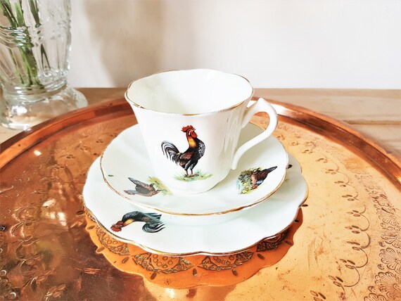 Vintage Chicken Pattern Trio China Trio Teacup Saucer Side Plate Hen Duck Cockerel Rooster Porcelain Farmyard Bird Theme Kitchenalia - 