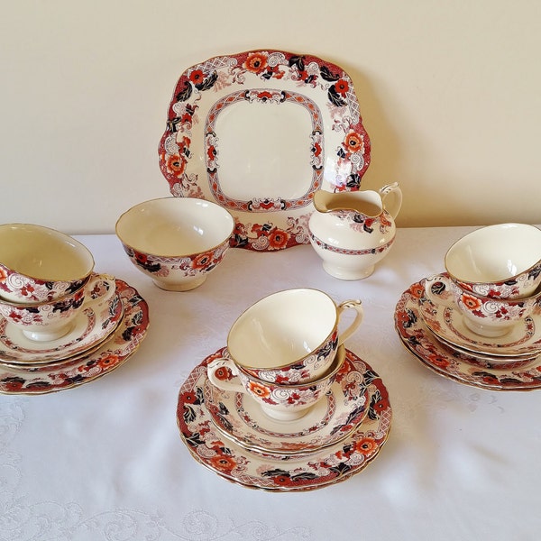 Antique Crown Derby Ware Tea Set, Rare Vintage Royal RCD Victorian Tea Service 1880s Imari Colours 6 Trios Cake Plate Sugar Bowl Creamer