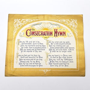 Edwardian Consecration Hymnen Wandplakat, Antikes Religiöses Kirchenplakat von Birn Brothers Ltd, Originales Poster der frühen 1900er Jahre, Weiß auf Gold