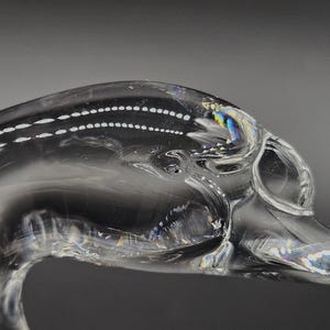 May include: A clear glass sculpture of a swan's head and neck. The swan's head is detailed with a beak and eye, and the neck curves gracefully. The glass has a smooth, reflective surface, with a few air bubbles.