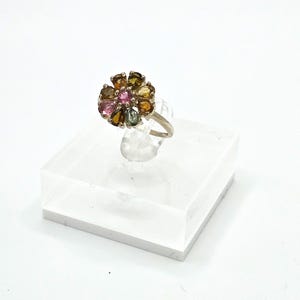 Vintage Silver and Coloured Flower Ring, 925 Silver Ring, Multicoloured Glass Stones, Size L