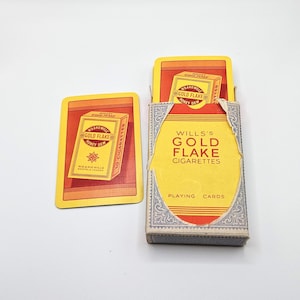 Cartas de jogar Vintage Wills Gold Flake Cigarettes, conjunto completo de baralho de cartas publicitário dos anos 1950, em embalagem alfandegária, Waddington