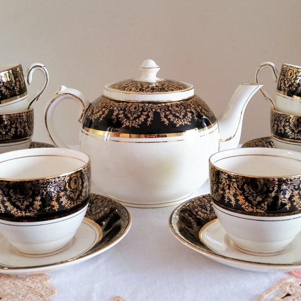 Crownford China Tea Set, Vintage English Burslem, 6 Duos Teacups Saucers Gilded Teapot Coffee Service Black Gold Porcelain England 13 Pieces