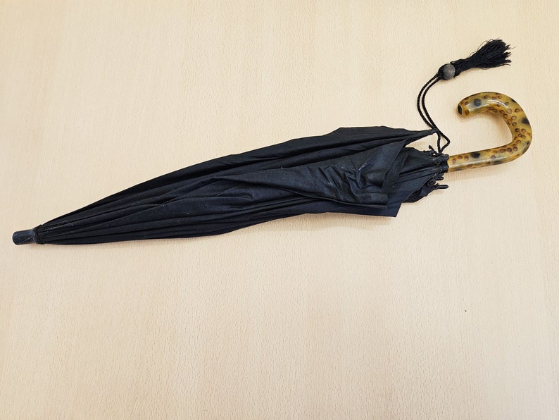 Vintage 'British Make' Black Canopy Umbrella, Amber and Black Spotted Lucite Crook Handle, Most Likely a Paragon Fox Frames image 4