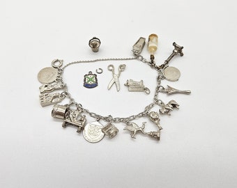 Vintage Sterling Silver Charm Bracelet with 15 Charms plus 4 Extra Charms, Various Themes