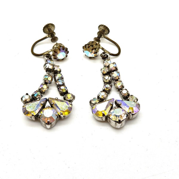 Aurora Borealis Rhinestone Earrings, Vintage Statement Jewellery, Clip-on Faceted Crystal and Silver Tone Drop Earrings, Costume Jewelry