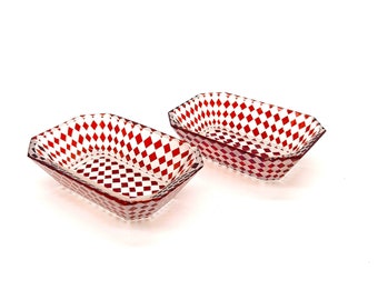 Pair of Glass Salts, Checked Clear and Red Salt Cellars, Rectangular