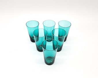 6 vintage blågrönt glas, små vattenglas LÄS BESKRIVNING.