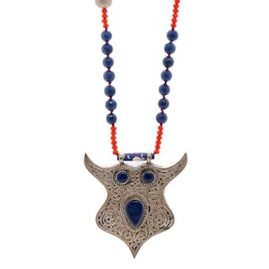 Spirit Animal Silver & Lapis Lazuli Stone Owl Pendant Unique Beaded Necklace
