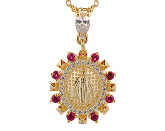 Ruby & Diamond Virgin Mary Pendant Gold Chain Necklace