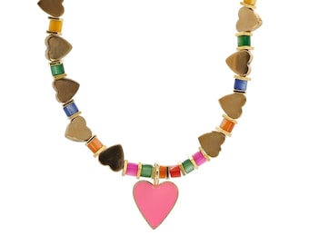 Roze hart hanger gouden hart kralen kleurrijke ketting