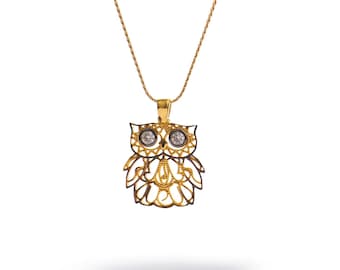 Wisdom Owl Diamond Eyes Gold Necklace